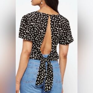Lush Black and White Patterned Tie-Back Blouse
